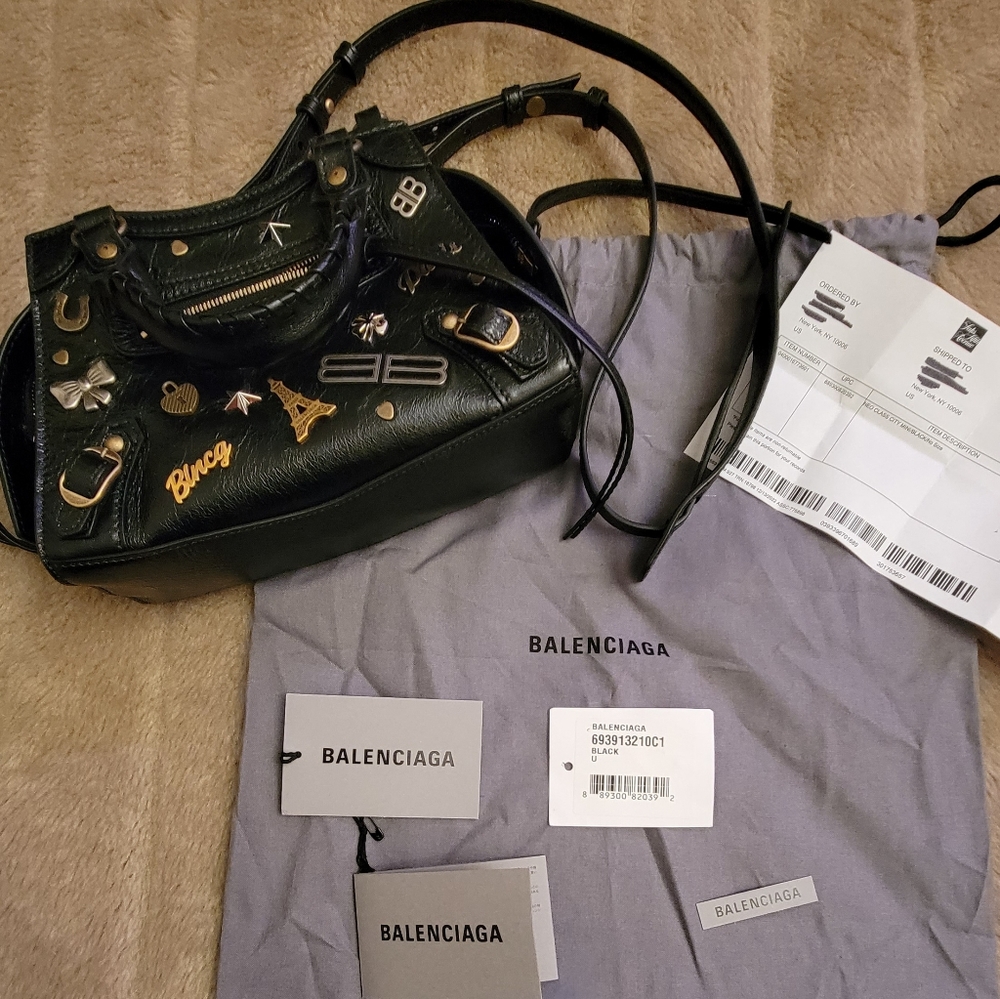 As new Balenciaga Neo mini city special edition pin-embellished w/ tags receipt